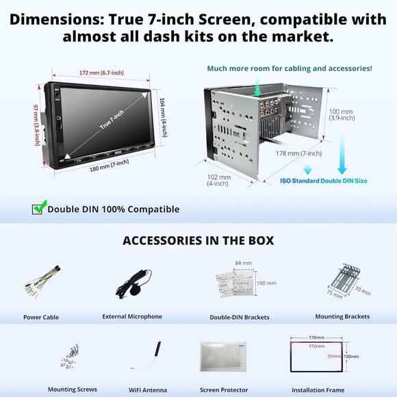 NIB. Double Din Car Stereo/Wireless CarPlay & Android Auto, 7" QLED Screen - Picture 7 of 8
